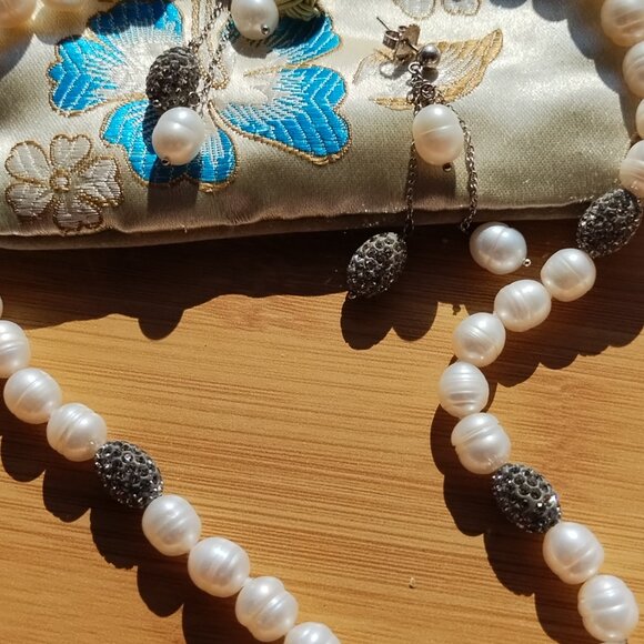 Honora Freshwater Pearl Swarovski Crystal Necklace Earrings Set 925 Sterling - Picture 3 of 6